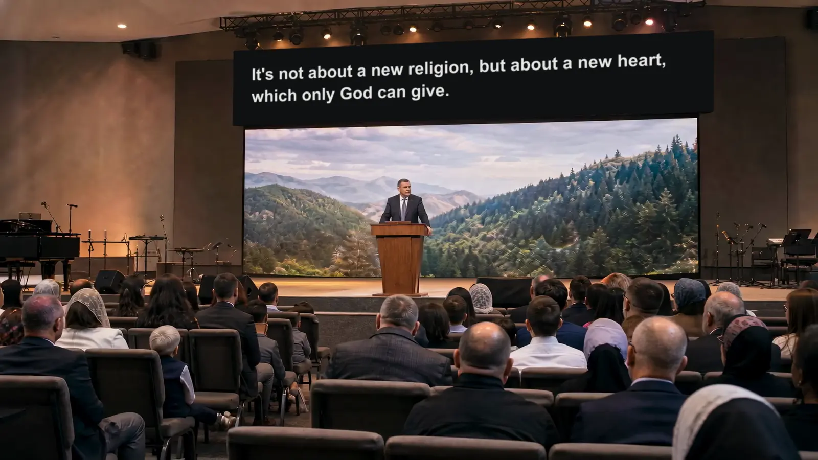 O slujbă într-o biserică, cu traducerea în engleză pe ecranul de deasupra scenei: „It's not about a new religion, but about a new heart, which only God can give.”