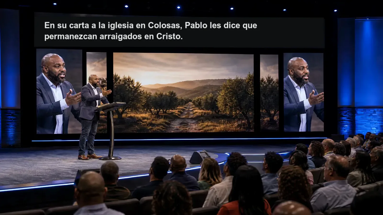 Un culto con la traducción al español de Livefy en la pantalla grande, sobre el escenario: "En su carta a la iglesia en Colosas, Pablo les dice que permanezcan arraigados en Cristo".