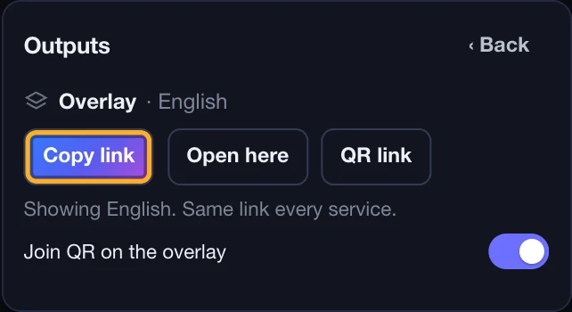 The Outputs card on the Live page, opened on Overlay, with the Copy link button ringed.
