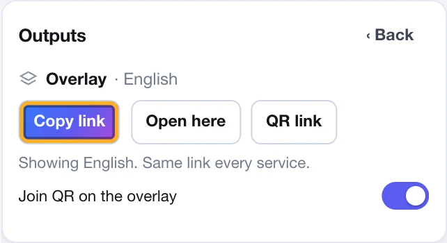 The Outputs card on the Live page, opened on Overlay, with the Copy link button ringed.