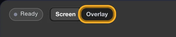 The top of the caption preview on the Live page: its Screen and Overlay switch, with Overlay ringed.