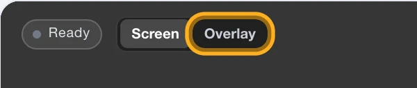 The top of the caption preview on the Live page: its Screen and Overlay switch, with Overlay ringed.