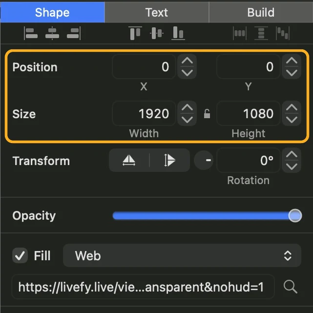 The Shape panel of the web object with Position 0 and 0 and Size 1920 by 1080 ringed.