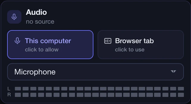 Cardul Audio din consolă: acest computer sau o filă din browser, și microfonul sau placa audio de ascultat.